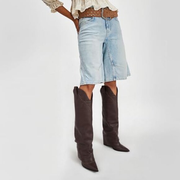 Women's Knee High Boots 3.7 Inch Heel Studded Fold Over Vegan Leather - Picture 6 of 7